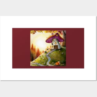 Cute Mushroom Cottage on top of a Hill in the Autumn Woods Posters and Art